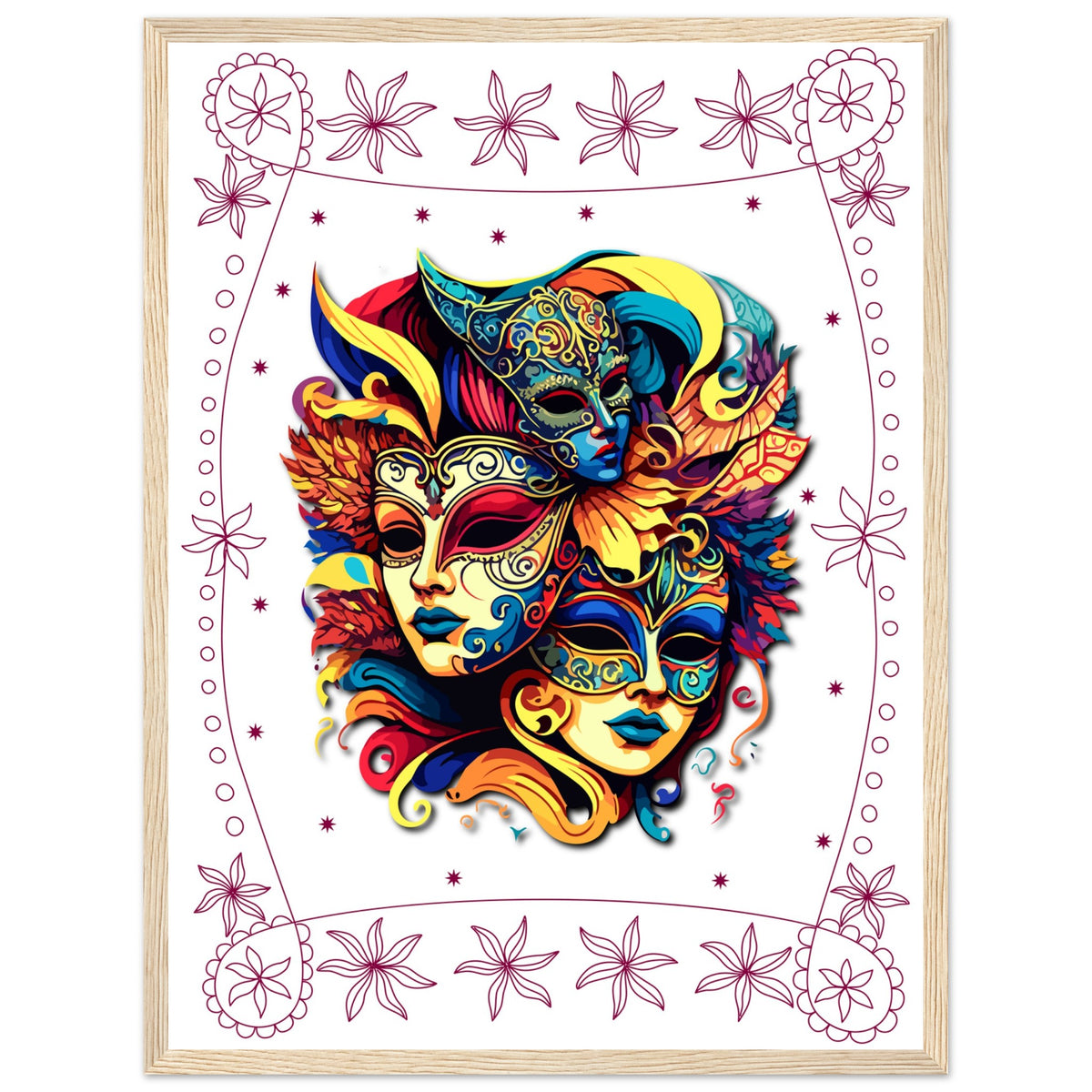 Colorful Mask Trio - Luxury Framed Print - 45x60 cm 18x24″ Wood frame - Wooden Framed Posters