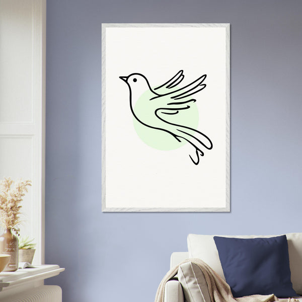 Grace in Flight - Bird Line Art Wooden Framed Poster - 60x90 cm 24x36″ White frame - Wooden Framed Posters