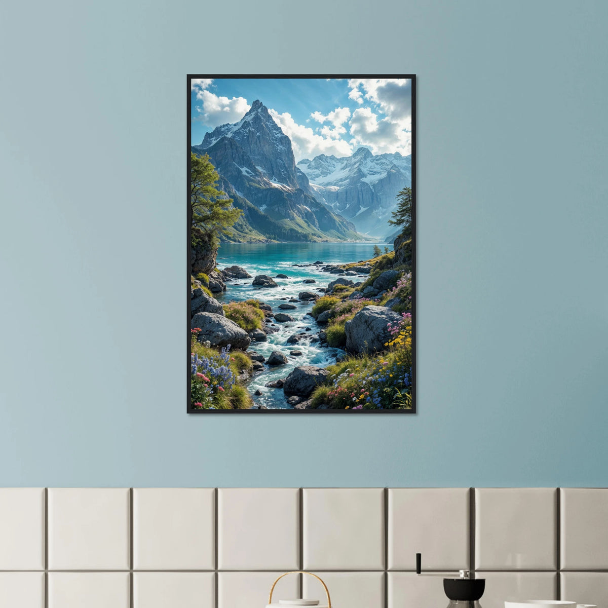 Gift Calm – Mountain River Landscape Poster for Home - Black frame - Wooden Framed Posters