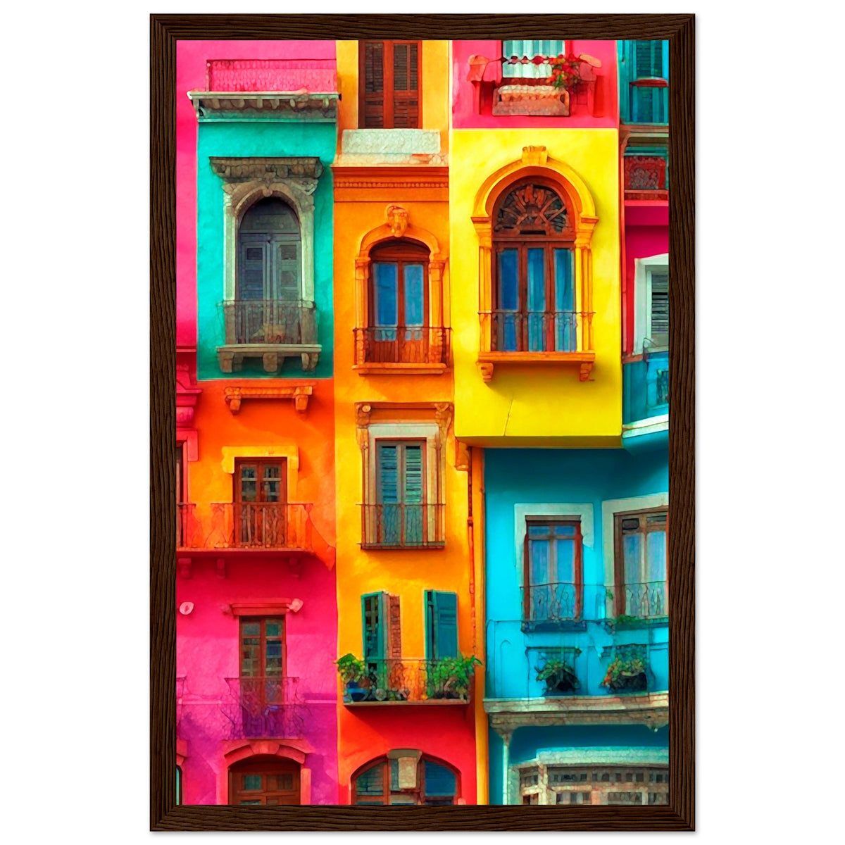 Vibrant Dreams - Colorful Cityscape Art - 28x43 cm XL (11x17″) Dark wood frame - Wooden Framed Poster