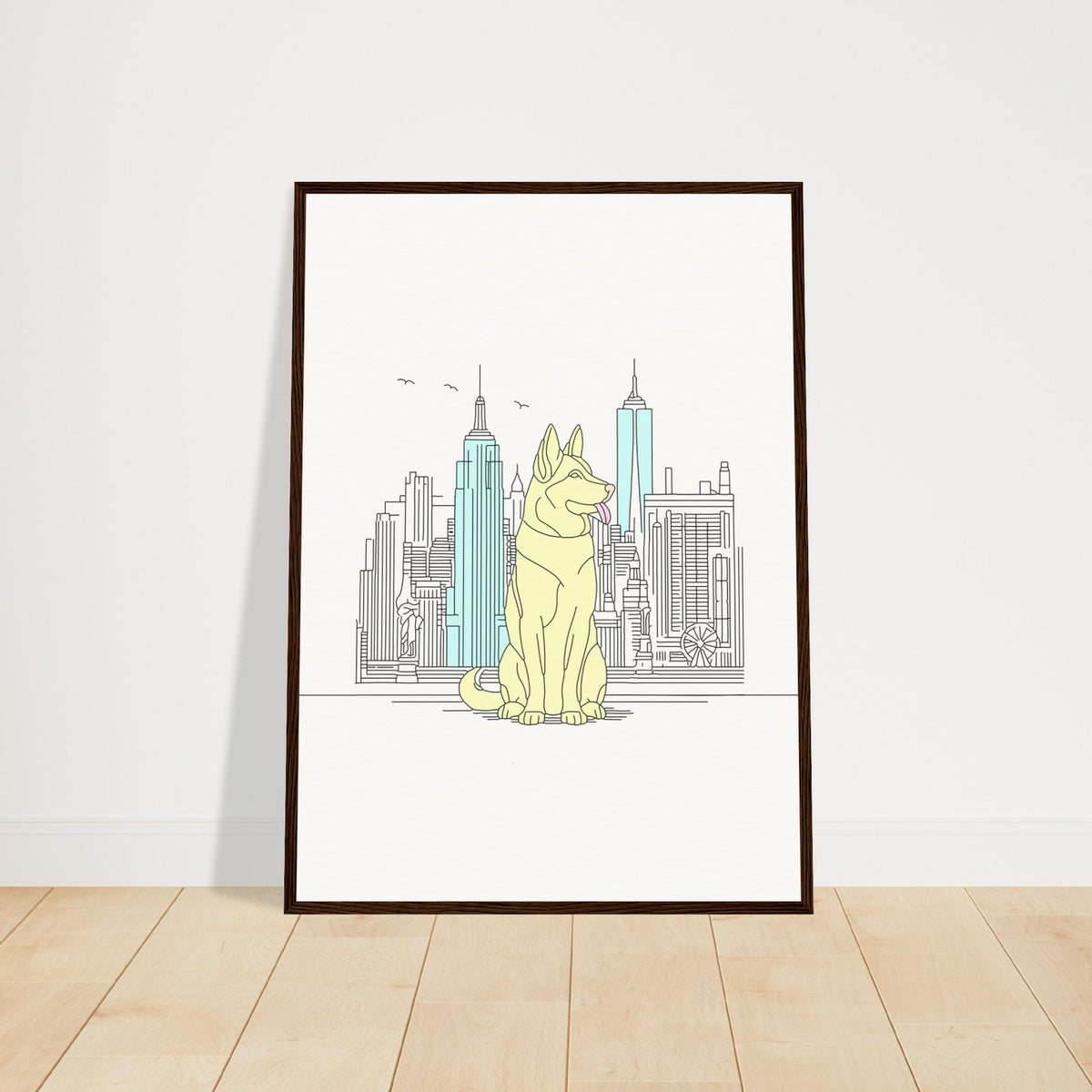 Urban Companion - Dog and Cityscape Art - 50x70 cm 20x28″ Dark wood frame - Wooden Framed Posters