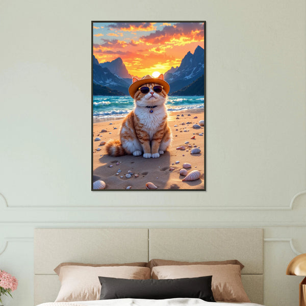 Sunset Serenity - Coastal Cat Framed Poster - - Metal Framed Posters
