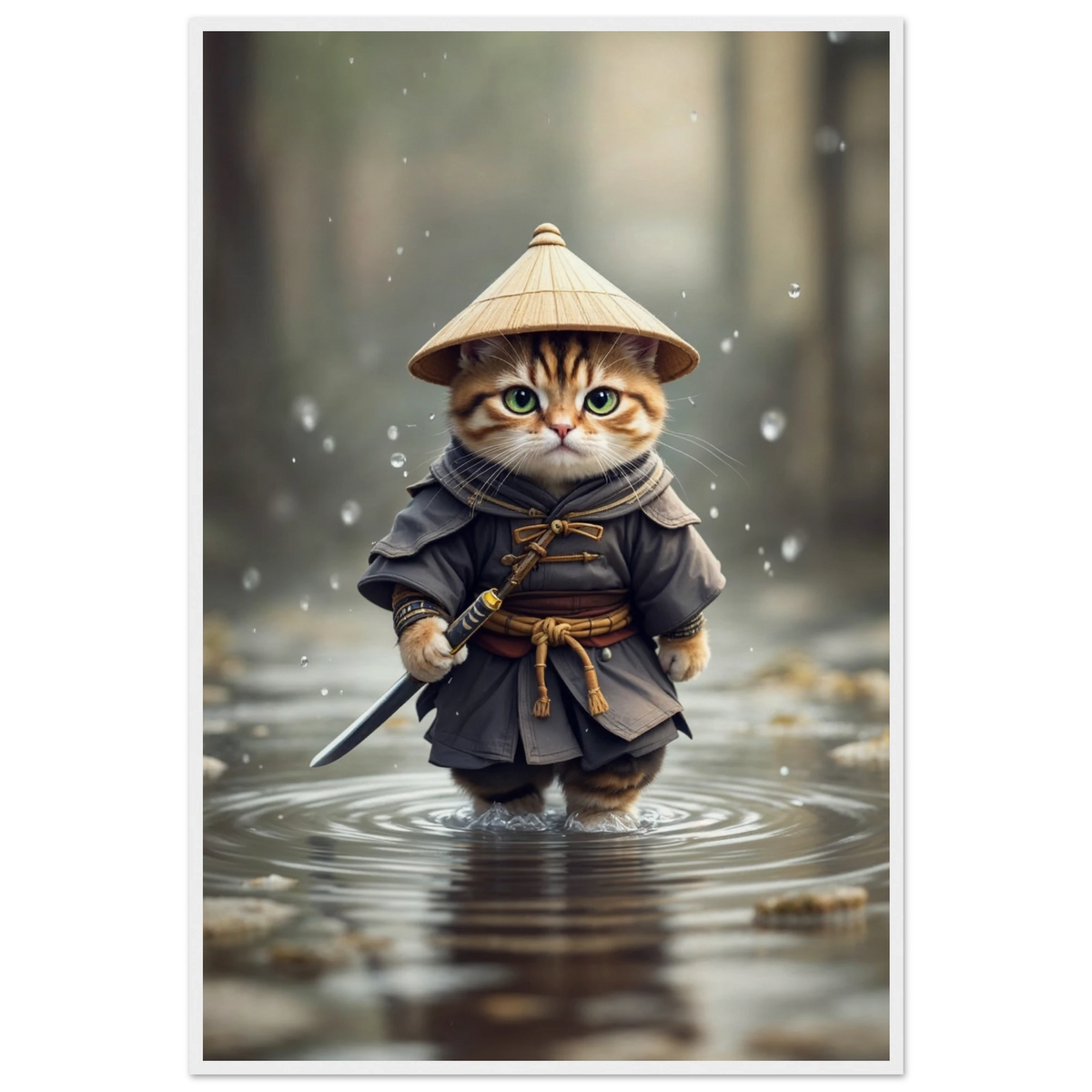 Samurai Kitty - Zen Warrior Framed Art - - Wooden Framed Posters