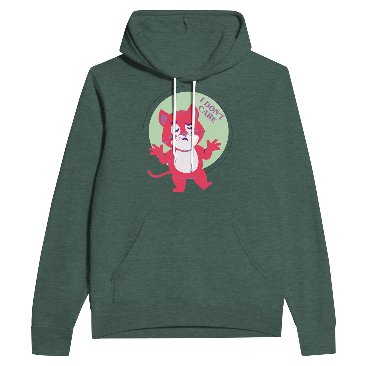 Chill Vibes - I Don't Care Cat Hoodie - Heather Forest - Pullover Hoodies