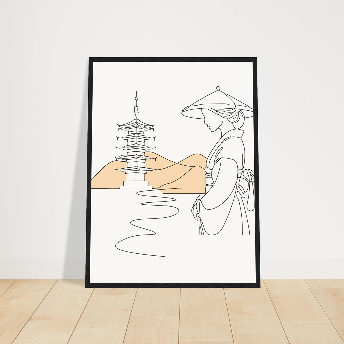 Serene Japanese Elegance - Framed Line Art - 45x60 cm 18x24″ Black frame - Wooden Framed Posters