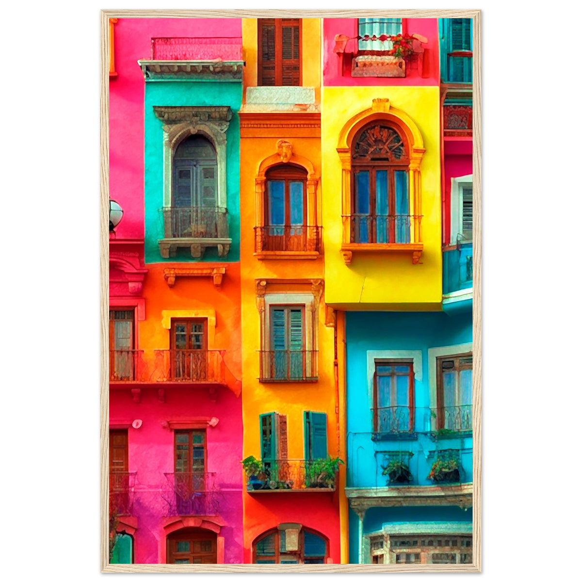 Vibrant Dreams - Colorful Cityscape Art - 60x90 cm 24x36″ Wood frame - Wooden Framed Poster