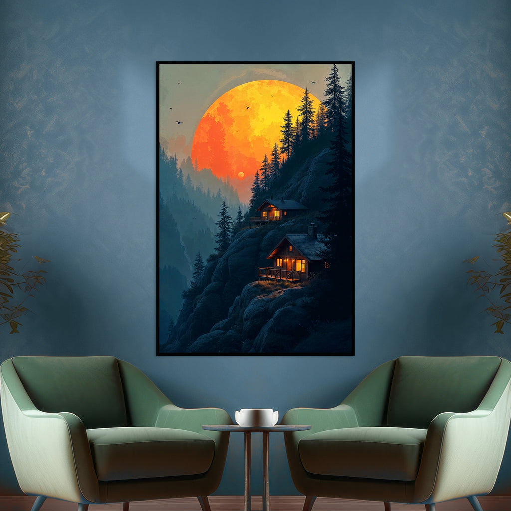 Cabin Under the Moon - 24x36 - Framed Posters