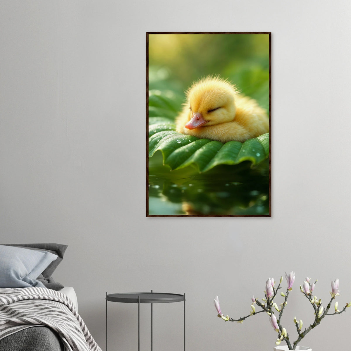 Dreaming Duckling - Serene Nature Framed Art - 60x90 cm 24x36″ Dark wood frame - Wooden Framed Posters
