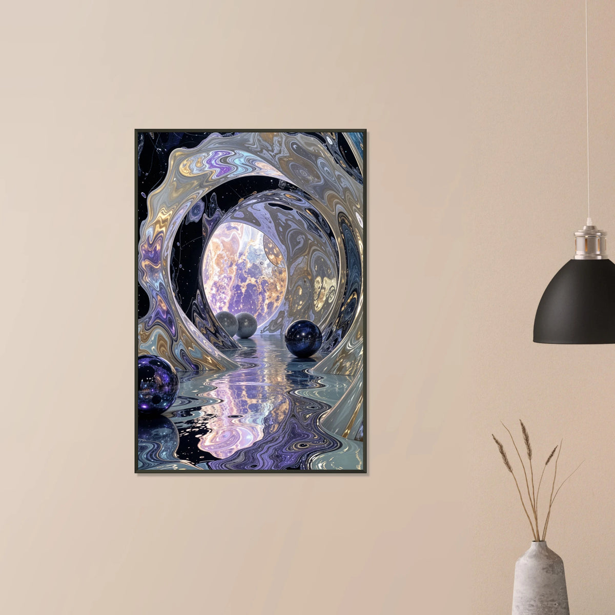 Celestial Dreamscape - Abstract Moon & Spheres Poster - - Metal Framed Posters