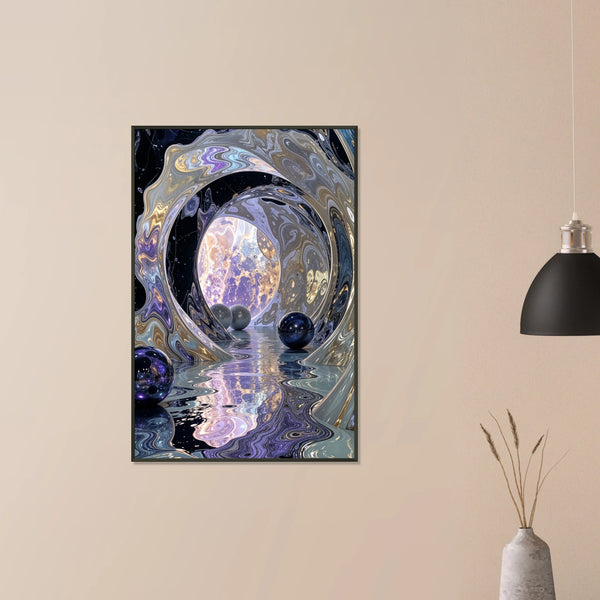 Celestial Dreamscape - Abstract Moon & Spheres Poster - - Metal Framed Posters