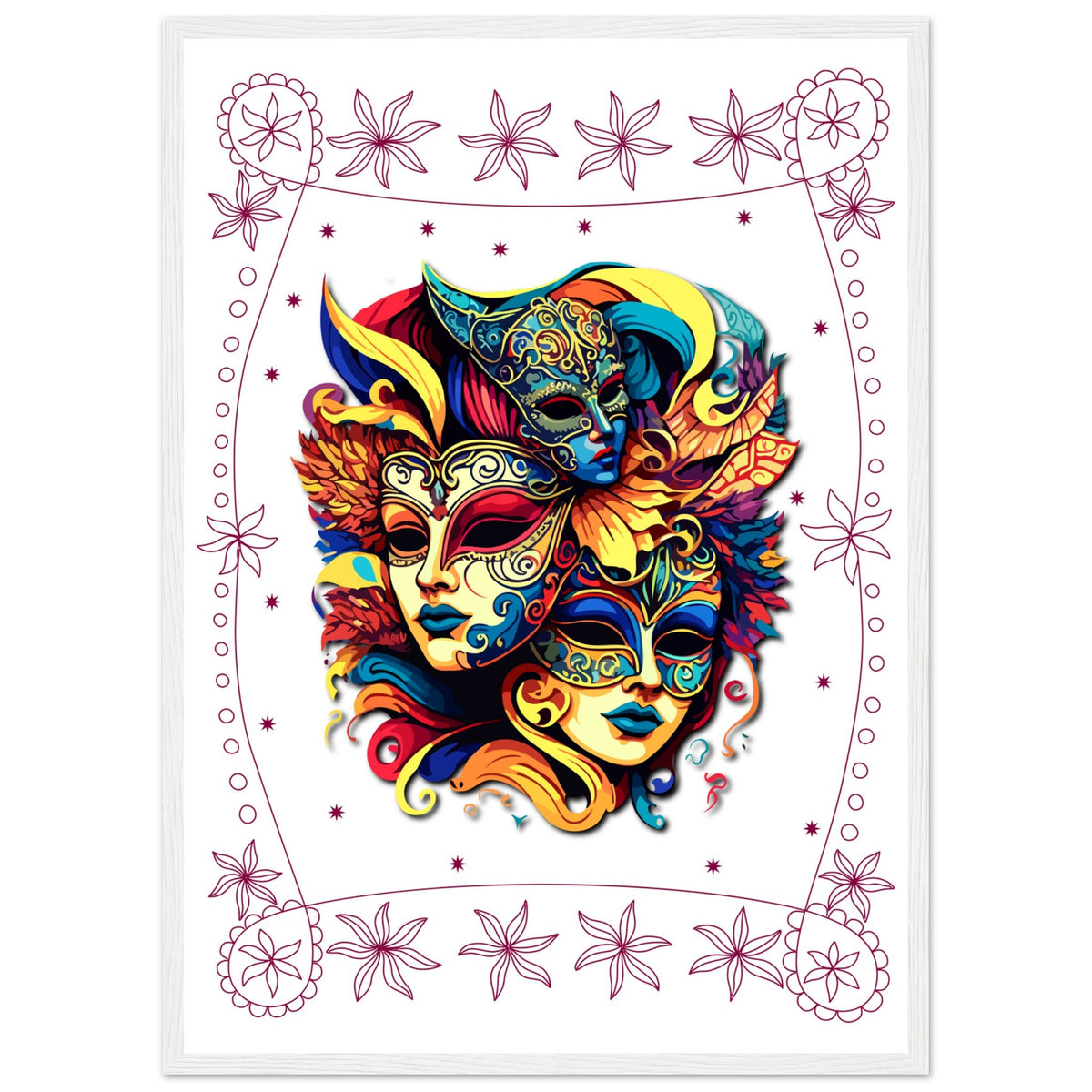 Colorful Mask Trio - Luxury Framed Print - 50x70 cm 20x28″ White frame - Wooden Framed Posters