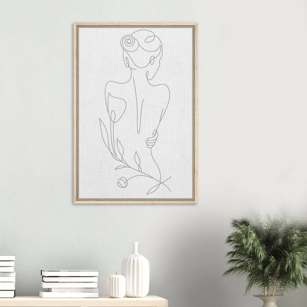 Botanical Grace – Line Art Woman Framed Canvas - Wood frame - Canvas