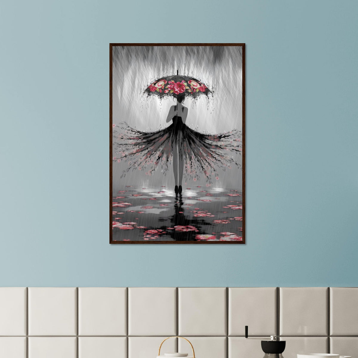 Whispers of the Rain - Woman with Umbrella Art - 60x90 cm 24x36″ Dark wood frame - Framed Posters