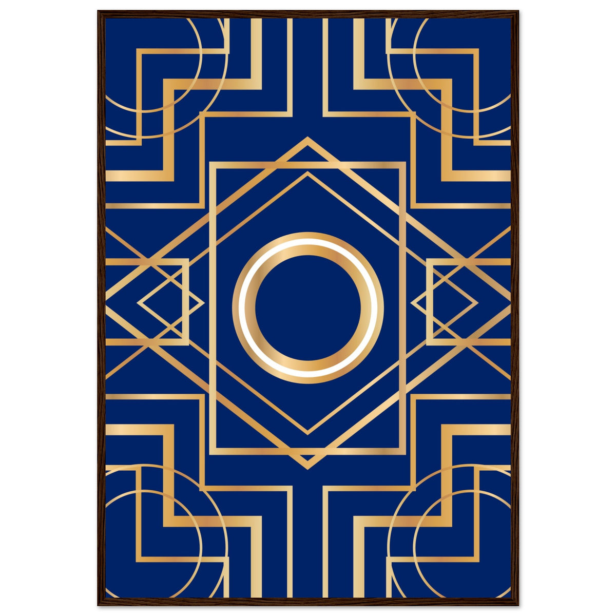 Art Deco Elegance - Blue & Gold Geometric Framed Print - 70x100 cm 28x40″ Dark wood frame - Wooden Framed Posters