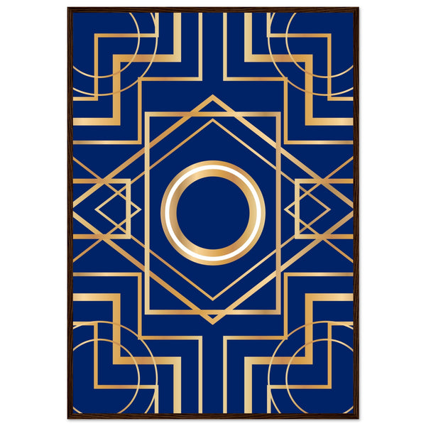 Art Deco Elegance - Blue & Gold Geometric Framed Print - 70x100 cm 28x40″ Dark wood frame - Wooden Framed Posters