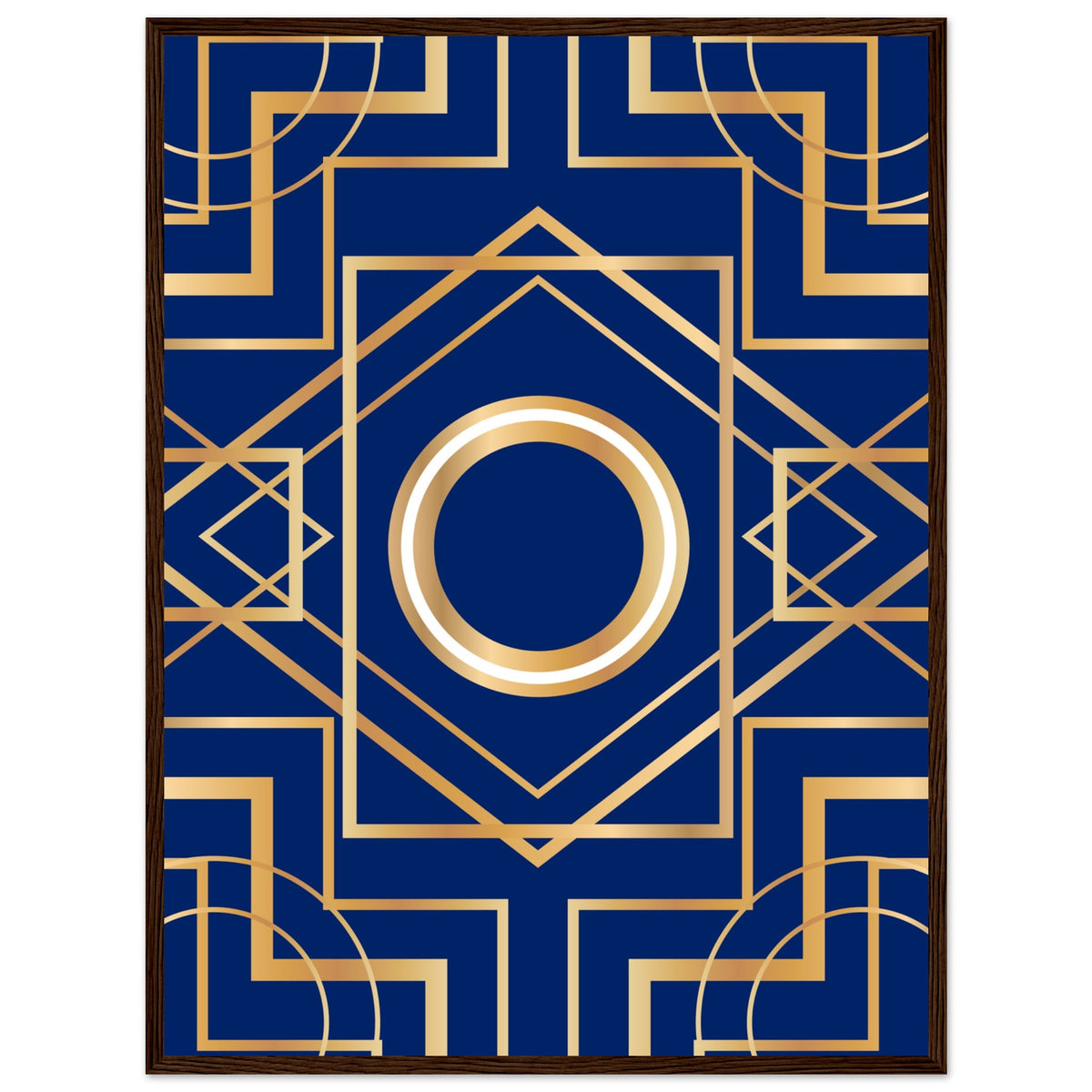 Art Deco Elegance - Blue & Gold Geometric Framed Print - 60x80 cm 24x32″ Dark wood frame - Wooden Framed Posters