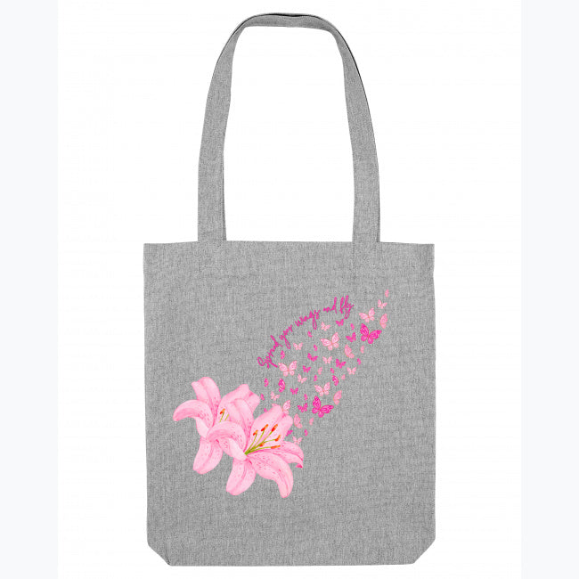 Pink Lilies and Butterflies Tote - Heather Grey - Tote Bags