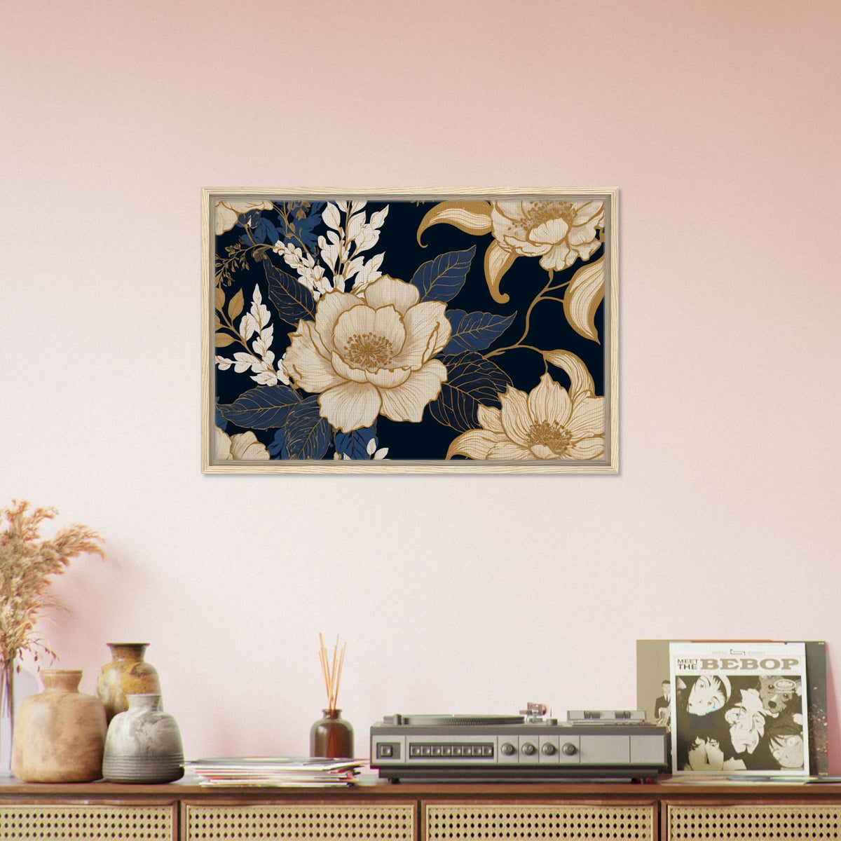 Golden Blooms - Floral Elegance on Dark Canvas - - Framed Canvas