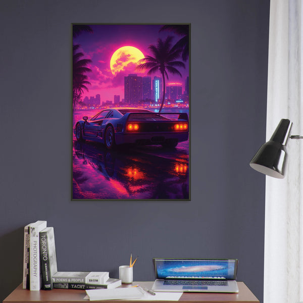 Retro Drive Under Neon Sky – Metal Framed Poster - - Metal Framed Posters