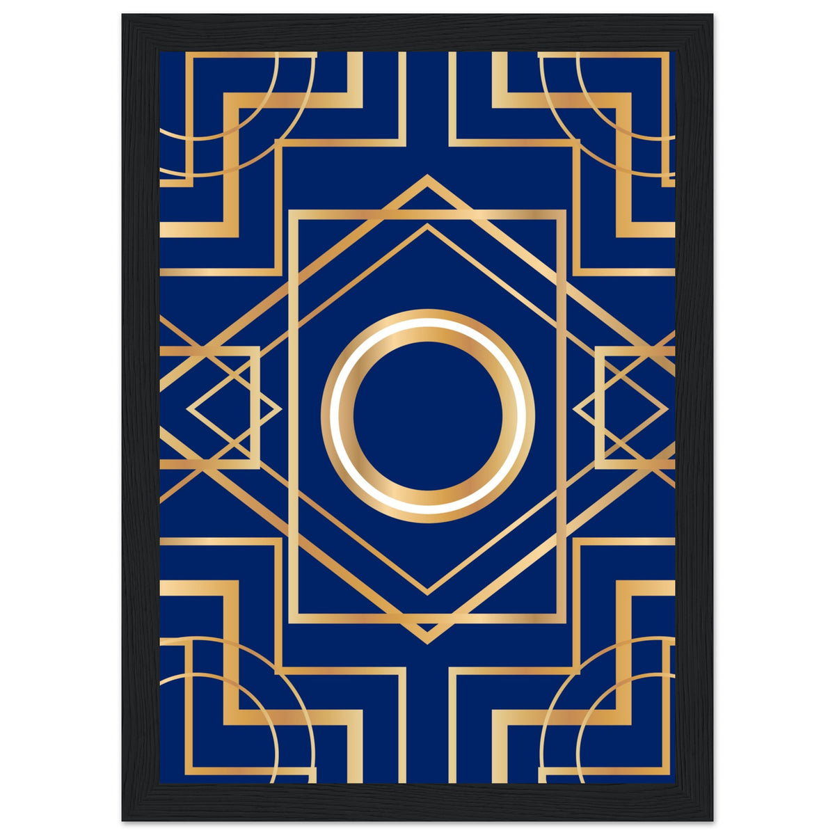 Art Deco Elegance - Blue & Gold Geometric Framed Print - A4 21x29.7 cm 8x12″ Black frame - Wooden Framed Posters