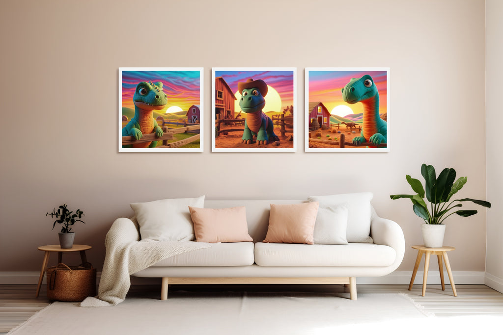 Sunset Serenade with Dinosaurs - 16x16 - Framed Posters