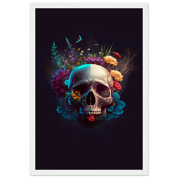 Nature’s Duality - Vibrant Flowers and Skull - 30x45 cm 12x18″ White frame - Wooden Framed Posters