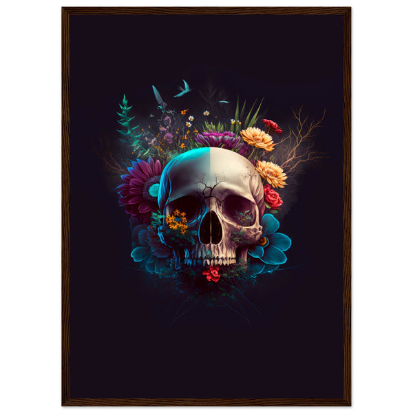 Nature’s Duality - Vibrant Flowers and Skull - 50x70 cm 20x28″ Dark wood frame - Wooden Framed Posters