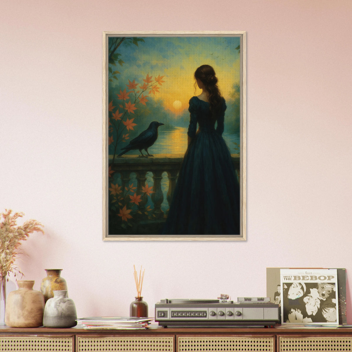 Twilight Story – Woman & Raven Framed Canvas - Wood frame - Canvas