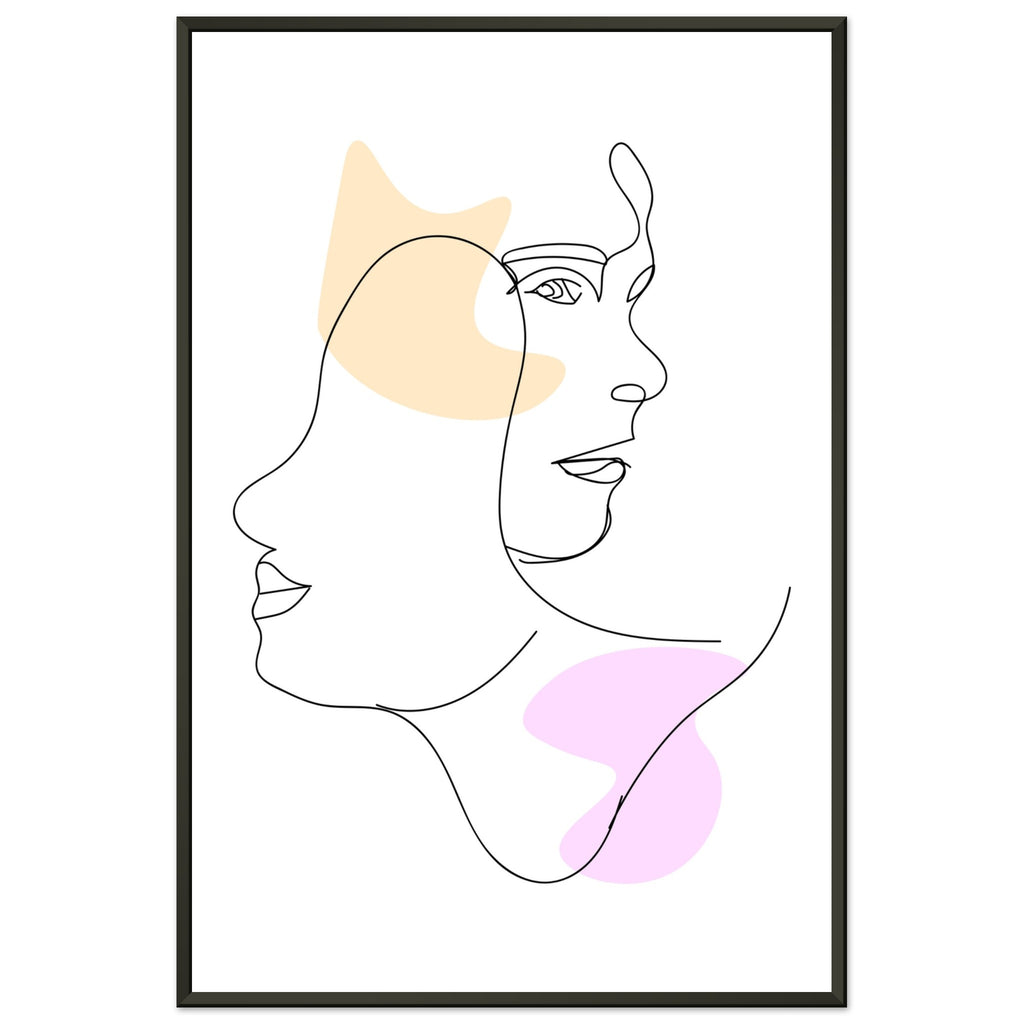 Mirrored Elegance - Artistic Line Faces in Gentle Tones - 60x90 cm 24x36″ - Metal Framed Posters