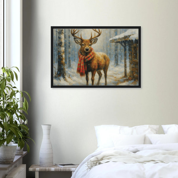 Red Scarf Deer – Holiday Gift Framed Canvas - Black frame - Canvas