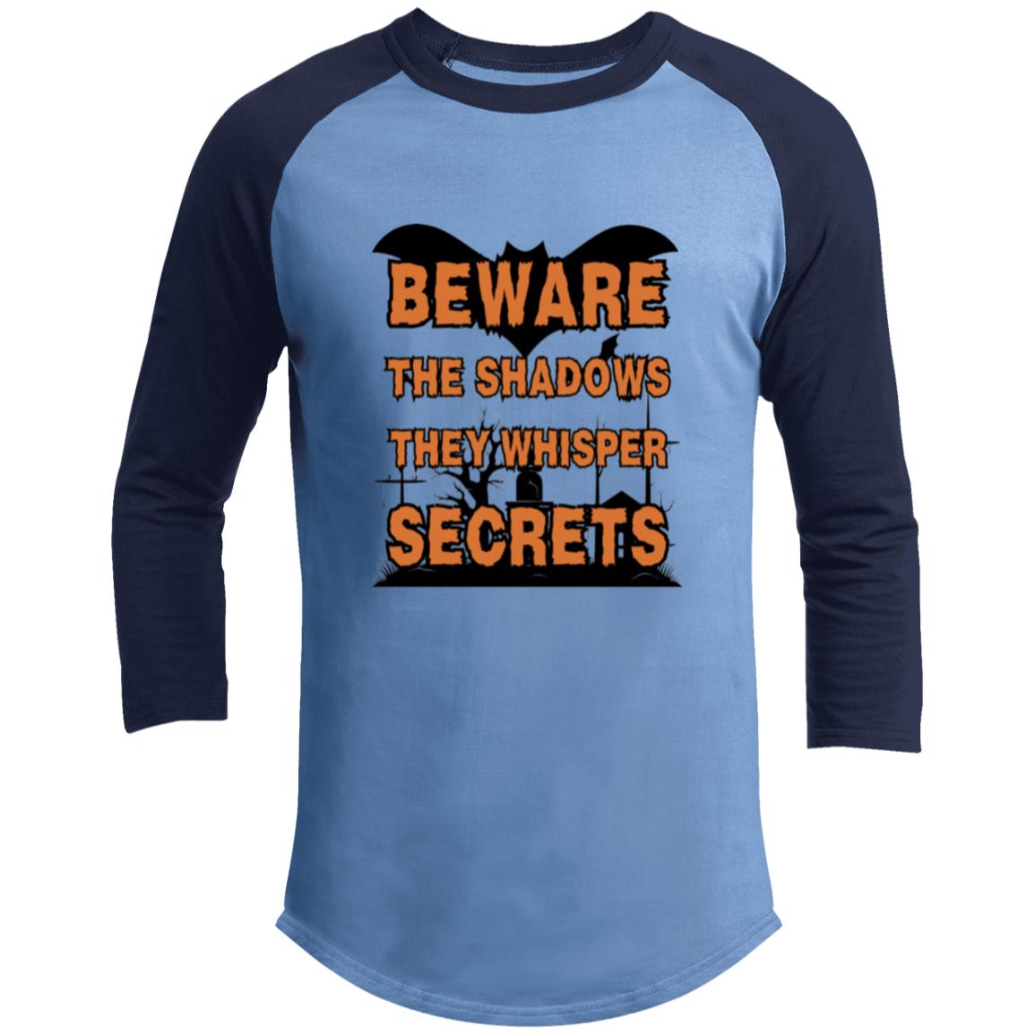 Beware the Night - Haunted Secrets Raglan - Carolina Blue Navy - T-Shirts