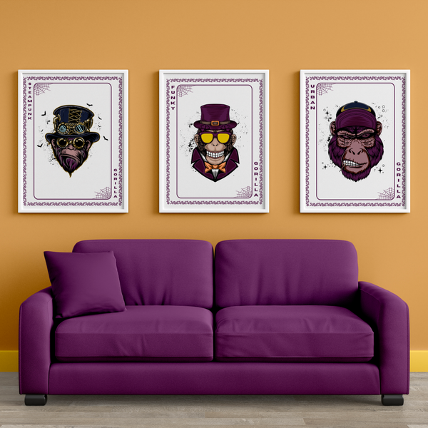 Elevate Your Decor - Steampunk, Funky, and Urban Gorilla Poster Set - - Wooden Framed Posters