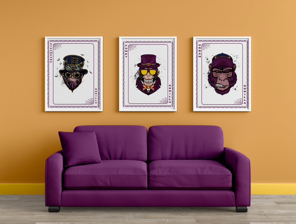 Elevate Your Decor - Steampunk, Funky, and Urban Gorilla Poster Set - - Wooden Framed Posters