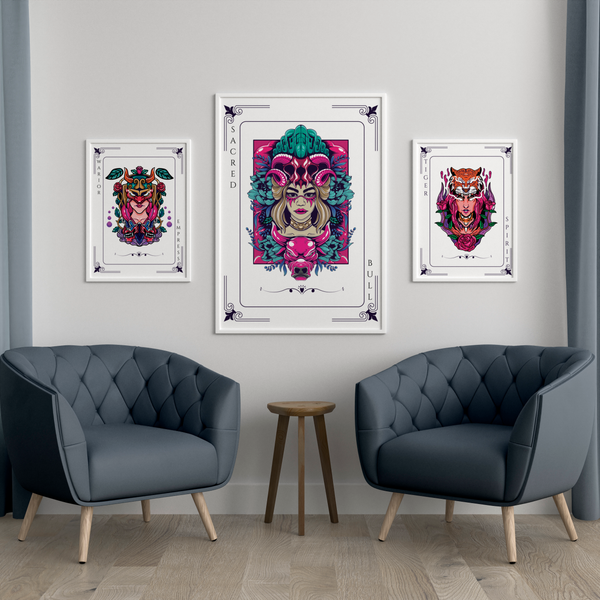 Artistry Unleashed - Warrior, Sacred Bull, and Tiger Spirit - - Wooden Framed Posters