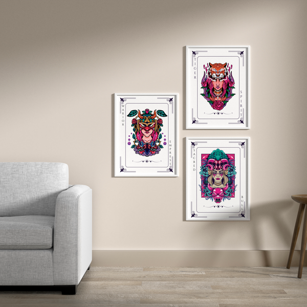 Artistry Unleashed - Warrior, Sacred Bull, and Tiger Spirit - - Wooden Framed Posters