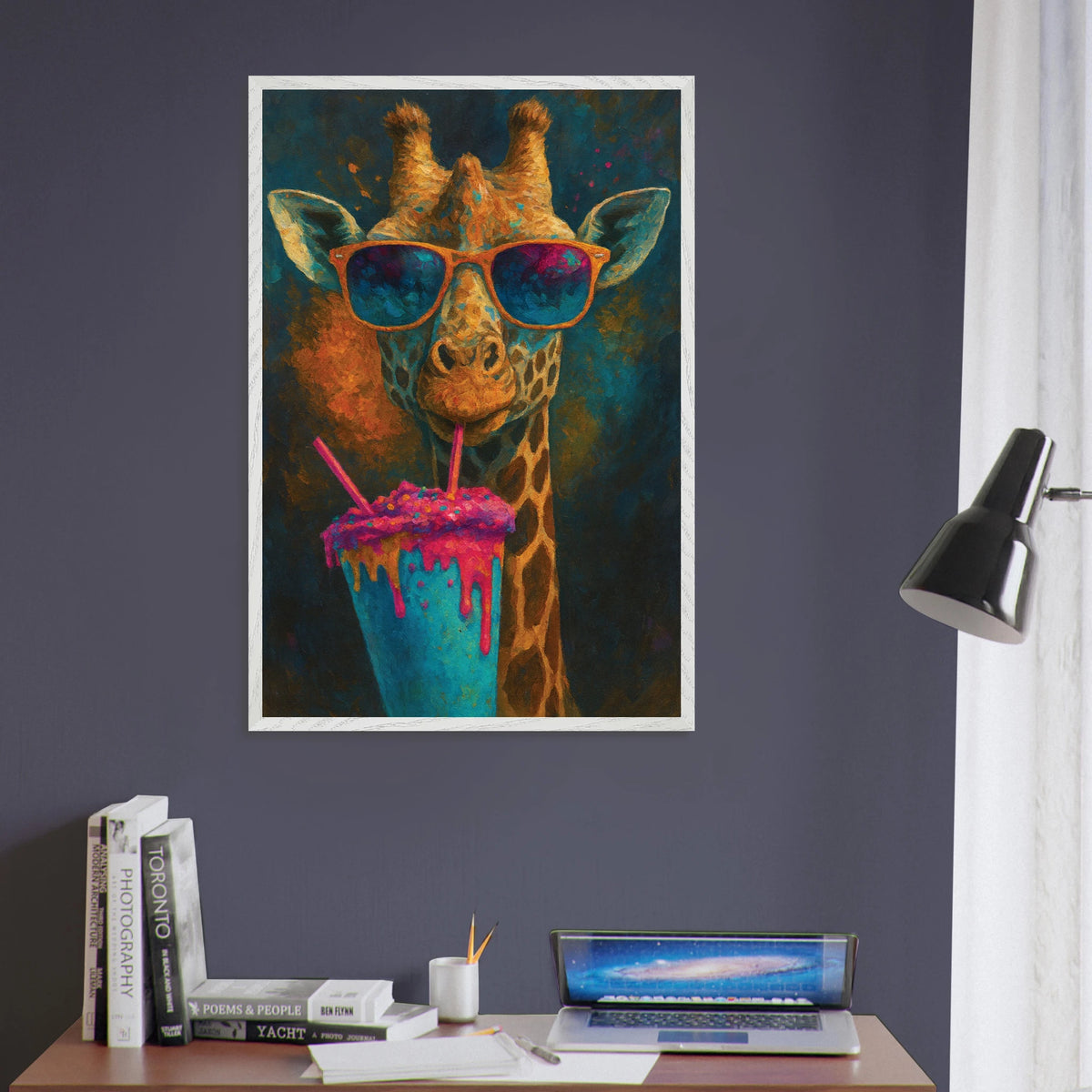 Trendy Giraffe Art – Colorful Wooden Frame Gift - - Wooden Framed Posters