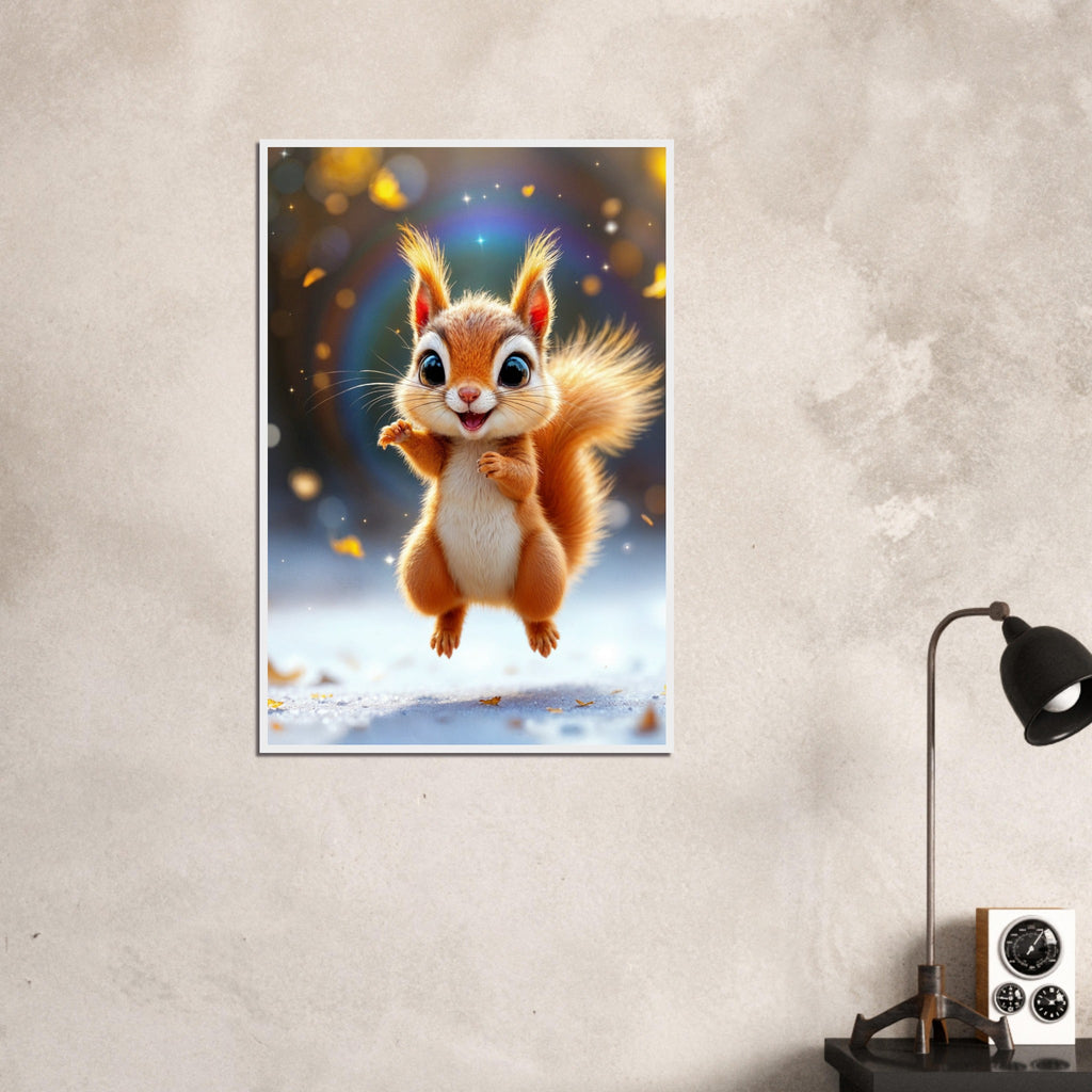 Joyful Leap - Adorable Squirrel Art on Matte Paper - White frame 60x90 cm 24x36″ - Wooden Framed Posters