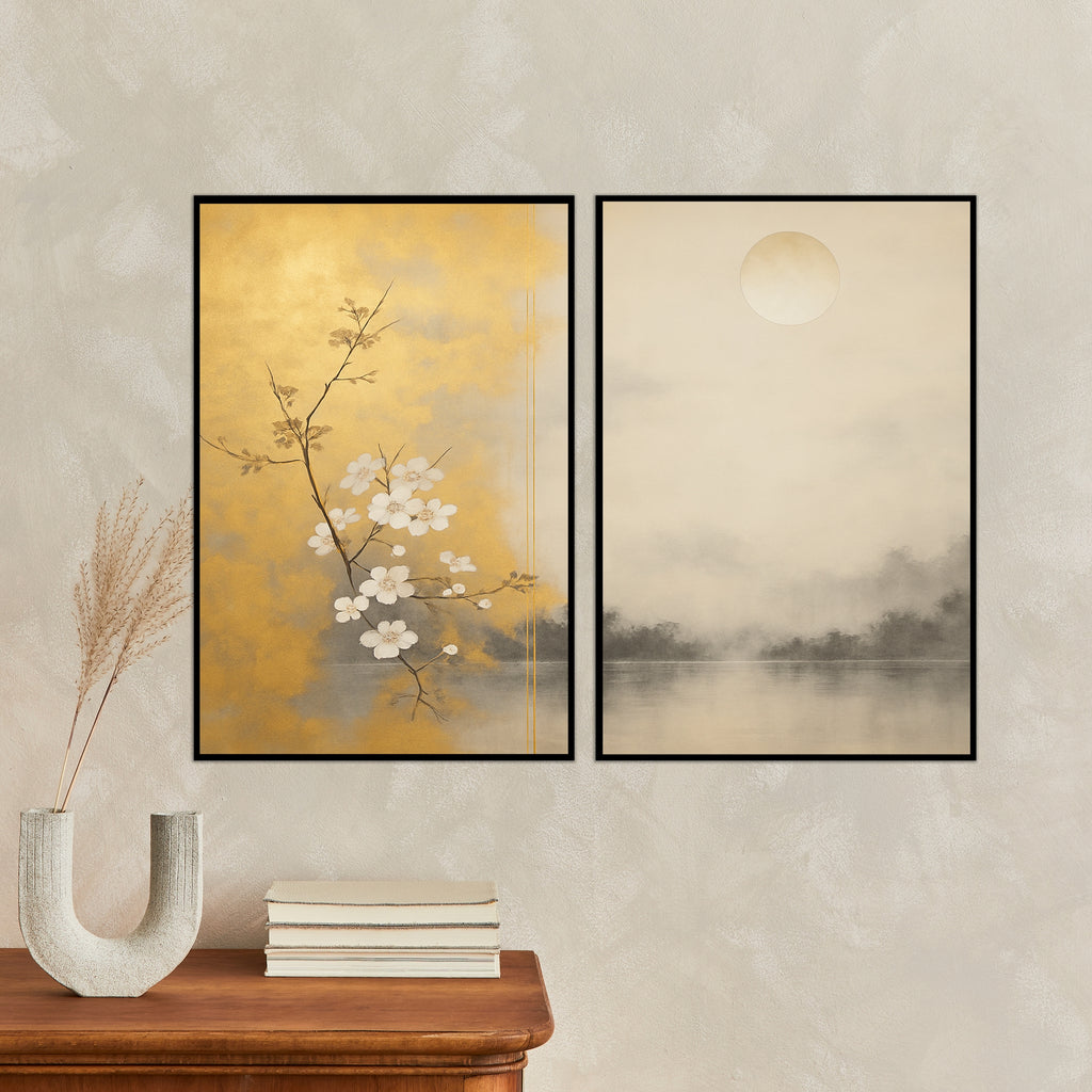 Golden Serenity & Moonlit Mist – Framed Wall Art Duo - Gold Metal Glossy Photo - Framed Posters