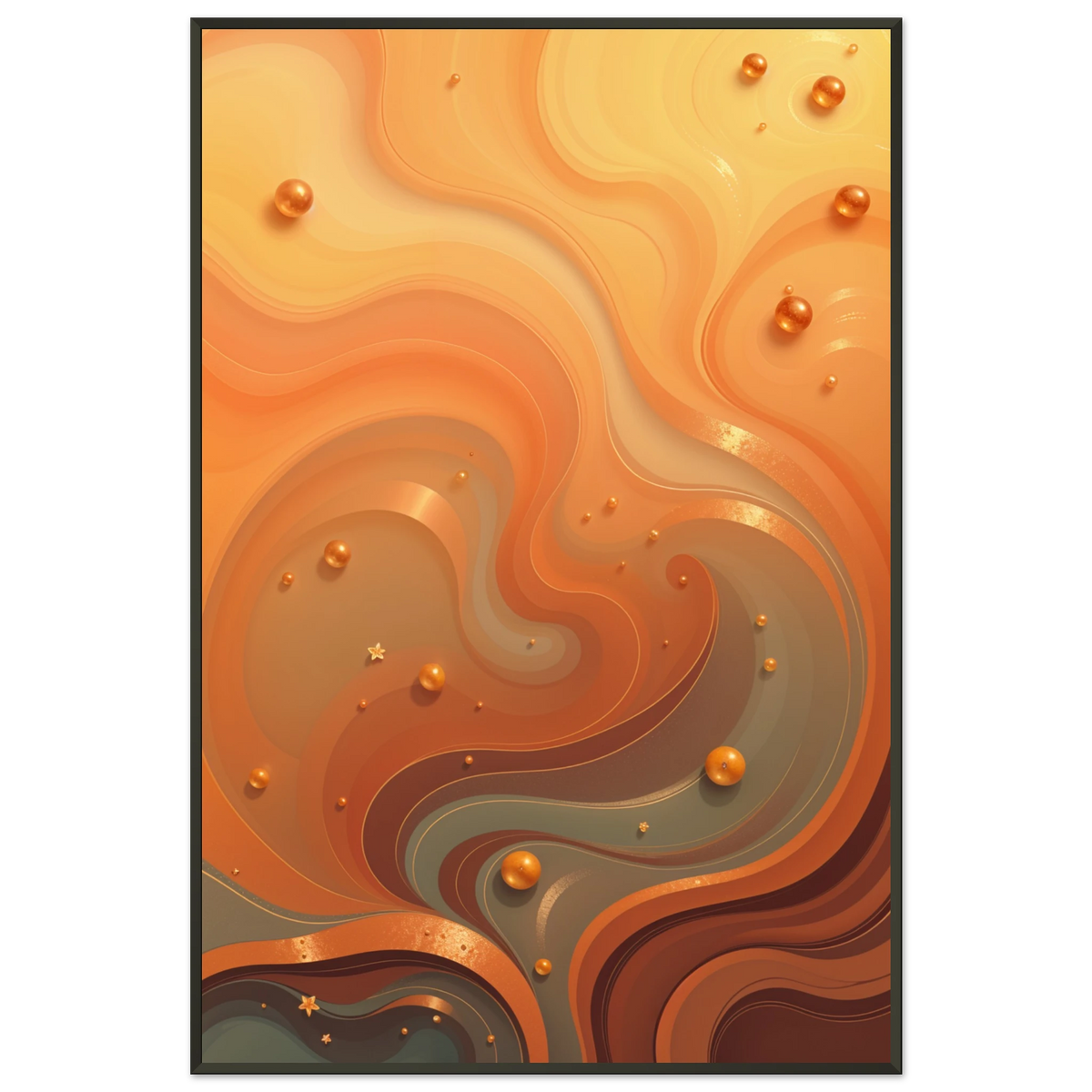 Golden Orbs - Dynamic Orange Swirl Art Print - - Metal Framed Posters