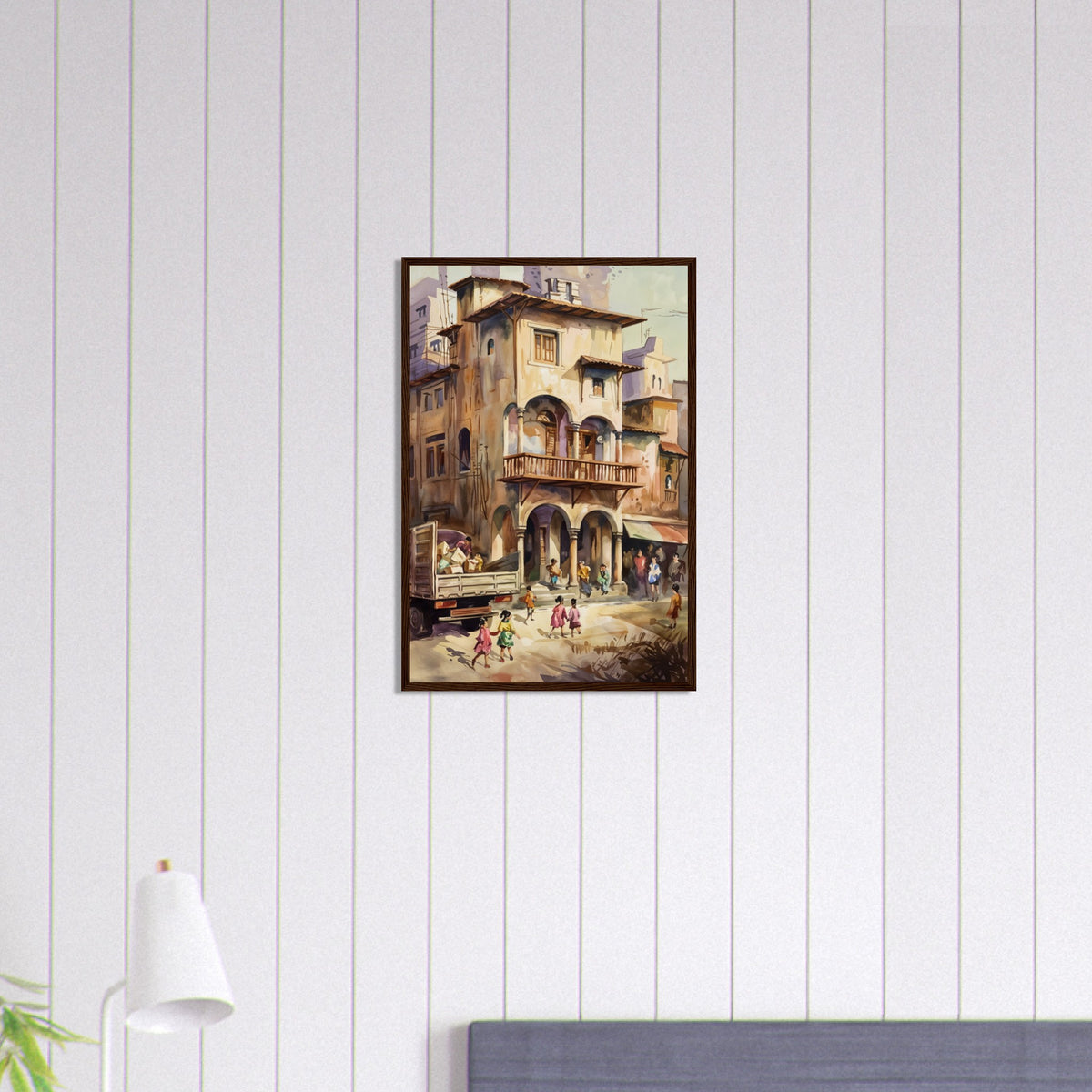 Urban Tapestry - Architectural Watercolor Print - Dark wood frame 40x60 cm 16x24″ - Wooden Framed Posters