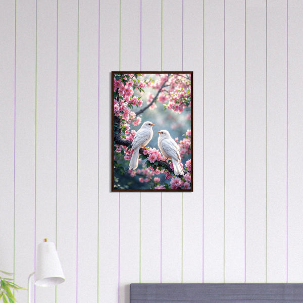 Whispers of Spring - Dove & Blossom Wall Art - Dark wood frame 40x60 cm 16x24″ - Wooden Framed Posters