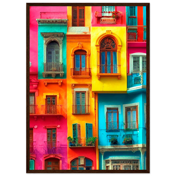 Vibrant Dreams - Colorful Cityscape Art - 50x70 cm 20x28″ Dark wood frame - Wooden Framed Poster