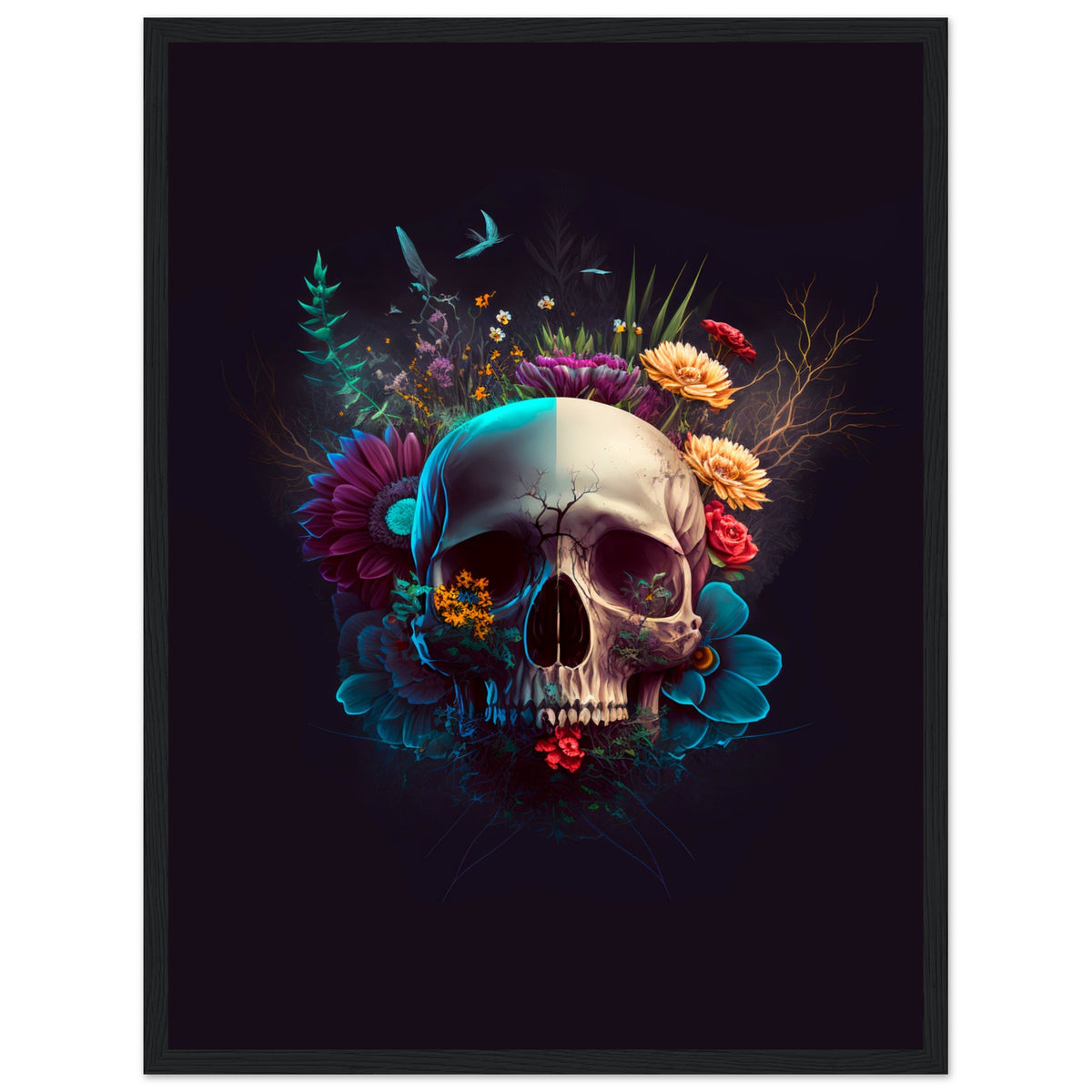 Nature’s Duality - Vibrant Flowers and Skull - 45x60 cm 18x24″ Black frame - Wooden Framed Posters