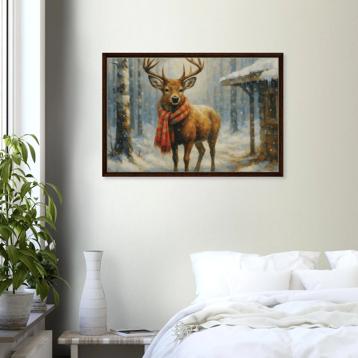 Red Scarf Deer – Holiday Gift Framed Canvas - Dark wood frame - Canvas