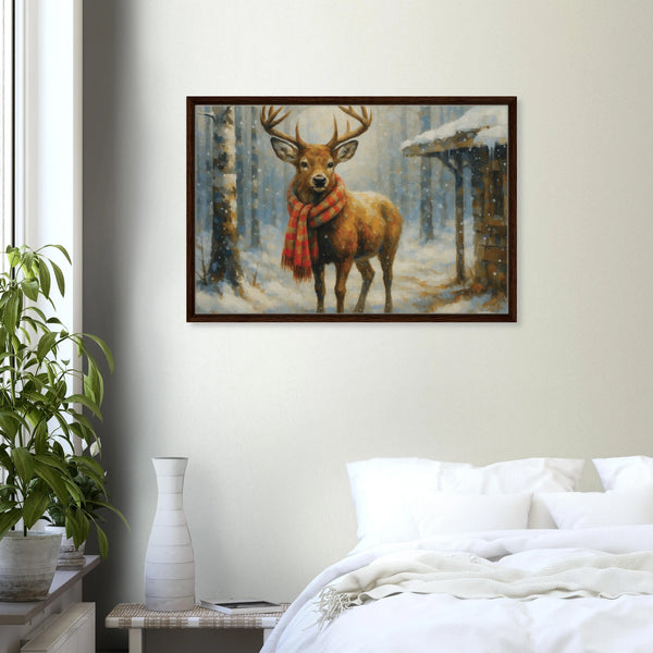 Red Scarf Deer – Holiday Gift Framed Canvas - Dark wood frame - Canvas