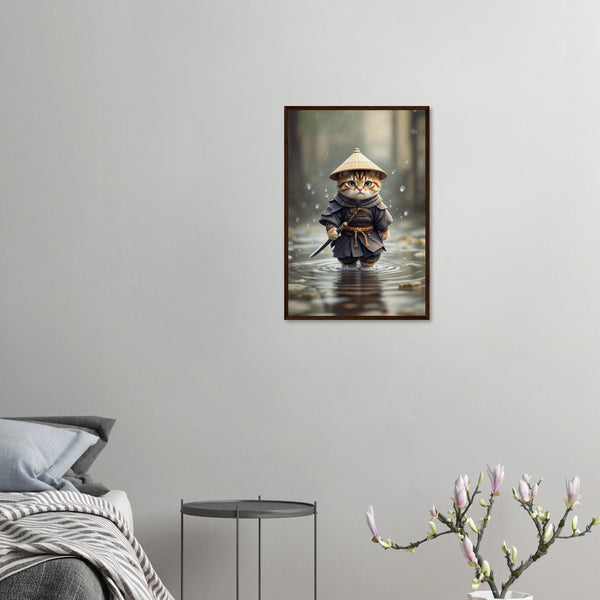 Samurai Kitty - Zen Warrior Framed Art - 40x60 cm 16x24″ Dark wood frame - Wooden Framed Posters