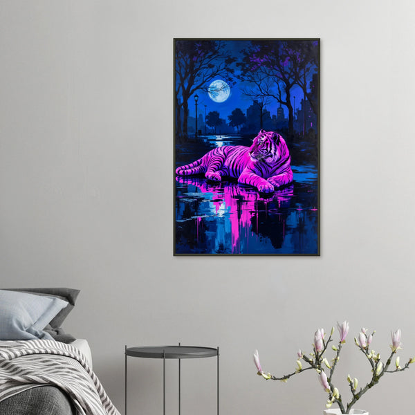 Neon Tiger Night - Urban Fantasy Framed Poster - 60x90 cm 24x36″ - Metal Framed Posters