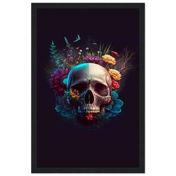 Nature’s Duality - Vibrant Flowers and Skull - 28x43 cm XL (11x17″) Black frame - Wooden Framed Posters