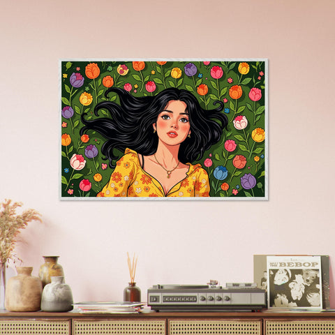 Image of Floral Whimsy - Captivating Woman and Tulip Meadow Art