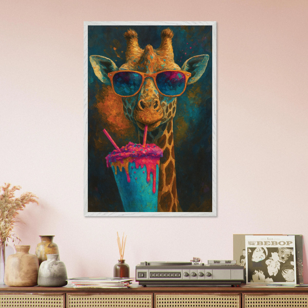 Trendy Giraffe Art – Colorful Wooden Frame Gift - - Wooden Framed Posters
